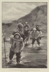 Auf dem Weg nach Klondike, Träger durchqueren einen Fluss auf der Überlandroute zu den Goldfeldern